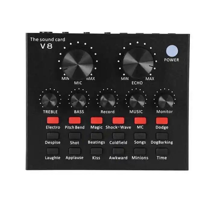 V8 Multifunctional Live Sound Card USB Audio Interface Intelligent Volume Adjustable Audio Mixer Sound Card for Recording Hosting Speech